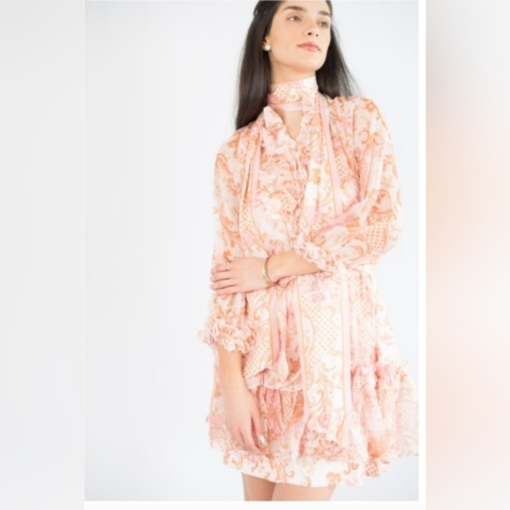 BEULAH STYLE Ruffled  Dress Pink & Multi Floral Button Up Cotton Blend Size M